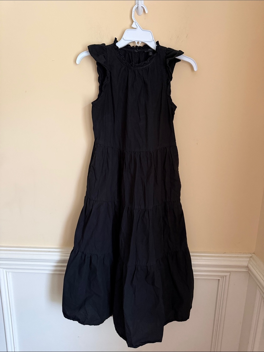 J.Crew Black Cotton Poplin Ruffle Tiered Midi Dress XXS Sleeveless with Pockets
